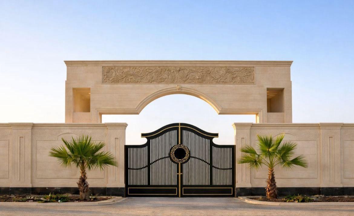 Decorative automatic swing gate at a Qatar villa